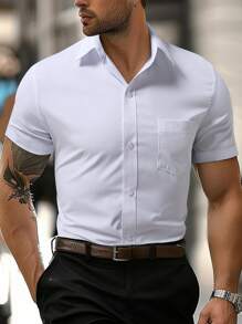 Calvornis Plus Size Men's Casual Business Plain Color Patchwork Pocket Short Sleeve Shirt, Summer - White - View 1