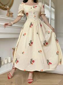DAZY Elegante vestito lungo da donna con ricamo floreale in vita