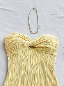 Soleia Váy ngắn dệt kim gợn sóng màu trắng dành cho nữ, dáng chữ A, eo thắt eo, thích hợp cho tiệc tùng, hẹn hò, trà chiều, bãi biển, mùa hè, lễ hội âm nhạc - Màu Mù tạt vàng - Xem 7