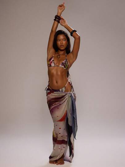 Musera Resort Mesh Sheer Floral Graphic Print Tie Long Sarong Cover Up Swim Vacation Summer Holiday Boho Cute Sexy Simple Elegant Casual Beach Wrap Skirt Travel Flower Party Spring