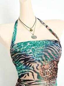 女式性感 Y2K 风格动物豹纹细肩带系带网眼吊带背心 - 彩色 - 查看 3