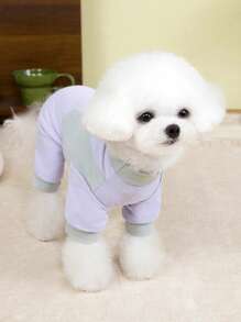 PETSIN Atuendo ligero y transpirable para mascotas con diseño de bloque de color con estampado de huellas de perro en color púrpura, para primavera/verano, con correa adjunta - Morado - Ver 3