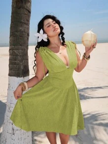 Sunnyshic Plus Size Women Deep V-Neck Sleeveless Green Textured Knit Dress - Green - View 7