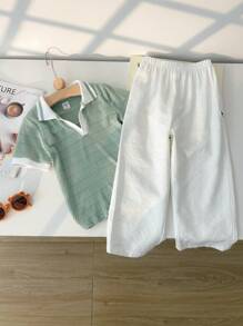 2pcs Set Young Boys Mint Green Textured Soft Fabric High Stretch Contrast Polo Collar Pullover Top And White Casual Pants, Versatile For School, Travel, Vacation, All-Match Matching