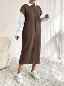 EURMUSE Solid Button Detail Batwing Sleeve Sweater Dresss - Brown - View 4