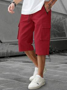 Manfinity LEGND 男士休闲纯色抽绳腰工装裤 - 紅色 - 查看 3