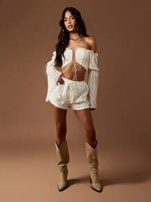 MISSGUIDED Festival Renda Boho Shorts Cintura Alta Perna Larga Verão Praia Boêmio Meio Da Coxa Cordão Férias Casual Resort Wear - Branco - Ver 3