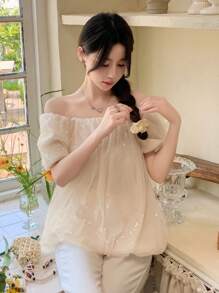 DAZY Women Square Collar Mesh Sequin Short Sleeve Blouse,Babydoll Top - Yellow - View 4