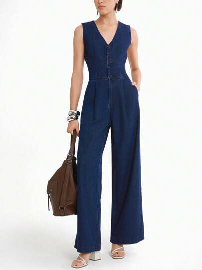 Daynim 女式夏季口袋褶皱休闲无袖牛仔连体裤