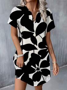 SHEIN LUNE Casual Minimalist V-Neck Woven Short Dress For Women, Suitable For Spring/Summer Vacation Dress Chic Dress - Multicolor - View 3