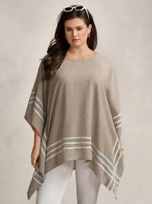 SHEIN LUNE 加大码女式休闲宽松条纹蝙蝠袖百搭衬衫斗篷度假女士海滩节商务休闲女士海军蓝航海休闲女士沿海航海舒适休闲风格轻松度假风格假日波西米亚风 - 卡其色 - 查看 1