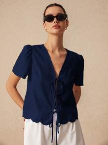 Poéselle Women's Summer Plain Tie-Front Short Puff Sleeve Blouse