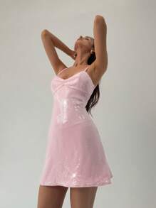 Aloruh Váy mini không tay đính sequin màu hồng thanh lịch dành cho nữ - Hồng - Xem 1