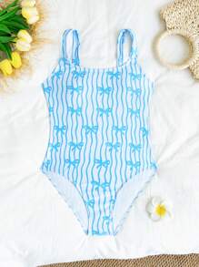 SHEIN 1pc Girls Onepiece Striped Swimsuit, Fashionable Beach & Party Swimwear Teen One Piece Swimsuit Girls Swimwear Teen Bathing Suit Tween One Piece Swimsuit Girls One Piece Bathing Suit Summer Holiday - Blue and White - View 2