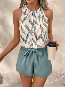 SHEIN Clasi 2-teiliges Set für Damen mit gestreiftem bedrucktem ärmellosen Top und einfarbigen Shorts, Sommeroutfit für den Urlaub, Damen 2-teiliges Set