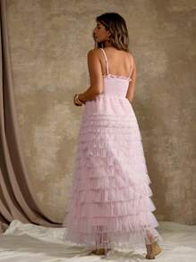 Flirla Plus Size Elegant Solid Color Mesh Maxi Slip Dress, Summer - Pink - View 3