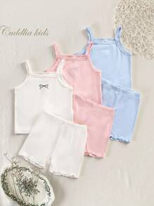 3 pièces/set Haut sans manches et shorts sets pour jeune fille, ensemble de sous-vêtements avec camisole et shorts avec décoration de nœud brodé, printemps/été