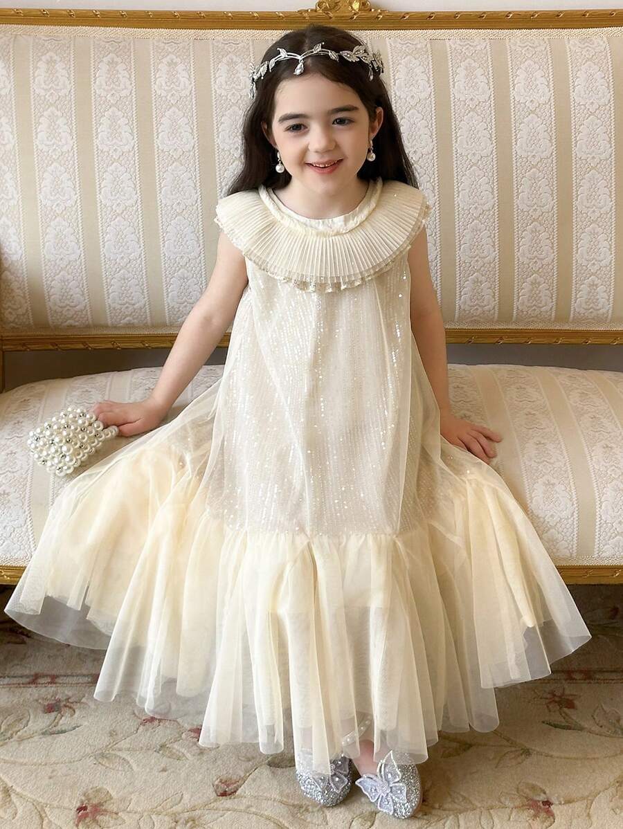 DAZY Đầm dự tiệc sinh nhật dài vừa phải cổ tròn lưới lấp lánh viền bèo nhún cho bé gái, trang phục mùa hè cho bé gái - trắng - Xem 1