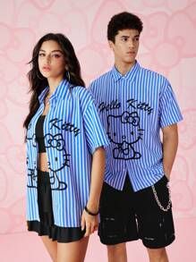 HELLO KITTY AND FRIENDS | SHEIN 男士单件条纹卡通印花前扣短袖衬衫 - 藍色 - 查看 1
