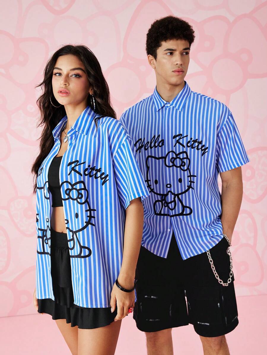 HELLO KITTY AND FRIENDS | SHEIN 男士单件条纹卡通印花前扣短袖衬衫 - 藍色 - 查看 1