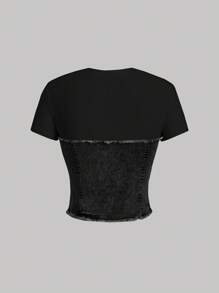 SHEIN MOD Áo denim nữ, dáng ôm co giãn tay ngắn, họa tiết vá - Màu xám đen - Xem 2