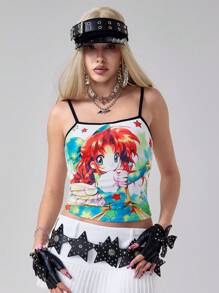 ROMWE Anime Women's Cute Retro Anime Character & Star Printed Cropped Tank Top