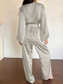 DAZY Bộ áo choàng satin tối giản kèm quần dài, bộ đồ ngủ pijama, quần áo trở lại trường, quần áo mùa thu - Xám - Xem 2