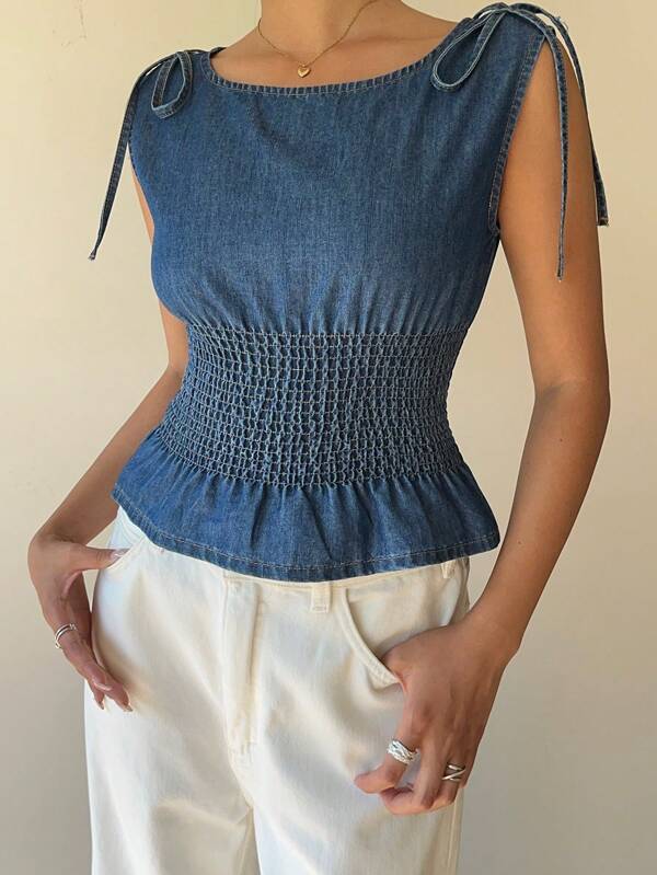 Siren Gaze Blusa de mezclilla sin mangas, sexy y con la cintura ceñida, moda nueva de verano para mujeres