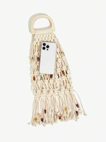 SHEIN SXY 女士单肩包、流浪包、钩针包、流苏、亚克力彩色石珠、时尚、优雅、简约、个性化、多功能、适合海滩、度假、节日、夏季、海边、日常、下午茶、海滩派对 - 米色 - 查看 5