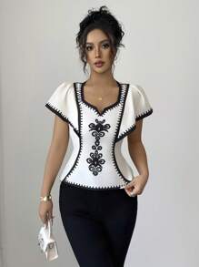 Selianne 女式花卉印花荷叶边下摆短袖修身衬衫