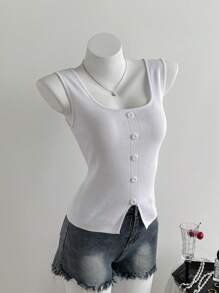 SHEIN Unity Top de punto sin mangas de color liso casual de verano - Blanco - Ver 3