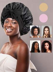 女士奢华缎面刺绣蝴蝶结睡眠帽 - 可调节真丝夜间发饰，头带式居家助眠帽，发帽，干发巾