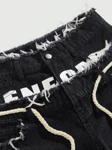 ROMWE MEN Spring/Summer Casual Graphic Street Life Men'S Diamond Decorated Double-Layer Waist Relaxed Denim Shorts - Black - View 3