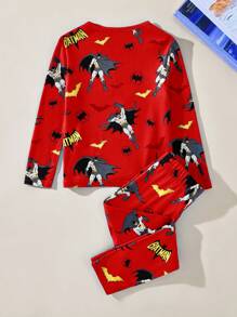 BATMAN X SHEIN 85th Young Boy Cartoon Print Knitted Crew Neck Long Sleeve Top And Long Pants High Elasticity Tight Fit Pajama Set