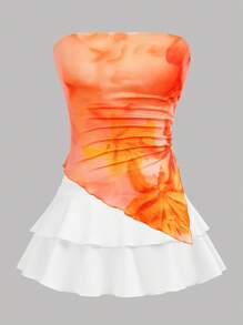 Girlism Set adolescentă portocaliu și alb cu imprimeu floral Halter, tiv neuniform, stratificat, drăguț, din 2 piese, ținută
