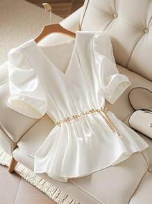 Franclia White V-Neck Puff Sleeve Tie Ruffle Trim Blouse Shirt