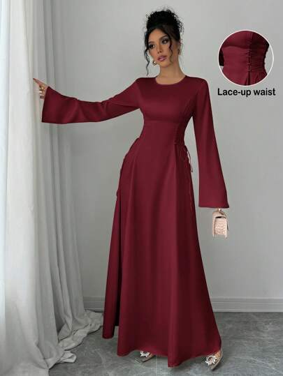 Elenzga Vestido largo elegante de color albaricoque con corte evasé, cintura ceñida y mangas abullonadas para mujer