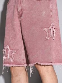 Manfinity EMRG Men's Loose Fit Distressed Five-Pointed Star Pocket Denim Shorts Pink Denim Shorts