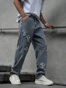 Manfinity Hypemode Men's Casual Washed Cross Patch Denim Jeans, Ripped Baggy Jeans Men, Loose Jeans Pants For Men, Manfinity Legnd Men Cotton Splash Ink Ripped Jeans