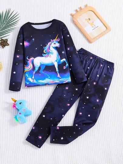 2pcs Young Girl Unicorn Print Tight-Fit Long Sleeve Top And Pants Pajama Set, Snug Fit Home Wear Outfit. This Home Wear Set Is Suitable For Wear Casually At Home, It Can Be Worn As Sleepwear Before Bed Or As Leisure Wear. The Simple Design Style Makes It Easy To Match, Allowing To Radiate Fashion And Vitality At Home. (1 Set Is Sold Separately)