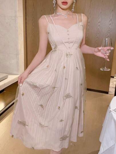 Women's 3D Flower V-Neck Pleated Sleeveless Maxi Dress