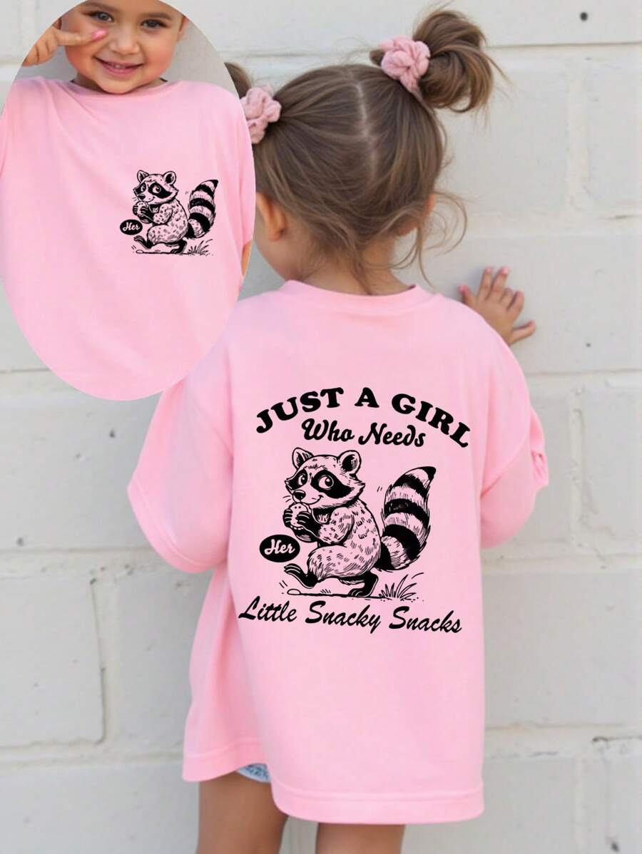 SHEIN 女童休闲可爱浣熊心形和字母印花短袖圆领T恤，春夏 - 粉色 - 查看 1