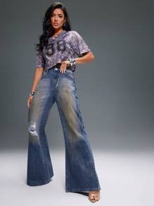Denimoi Jeans casuales versátiles de mezclilla con bolsillos y efecto desgastado con campana para mujeres - Azul - Ver 1