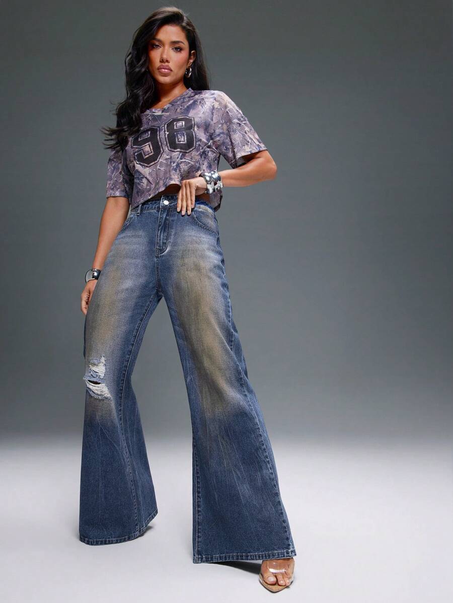 Denimoi Jeans casuales versátiles de mezclilla con bolsillos y efecto desgastado con campana para mujeres - Azul - Ver 1