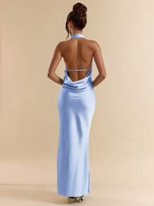 SHEIN BAE 春夏绿色性感深垂领金属装饰露背超长鱼尾缎面连衣裙，伴娘服，缎面连衣裙，性感连衣裙 - 淺藍色 - 查看 3