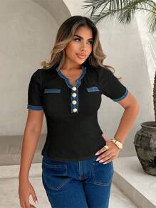 Xyvia Ladies' Vintage Style Autumn Denim Contrasting T-Shirt - Black - View 4