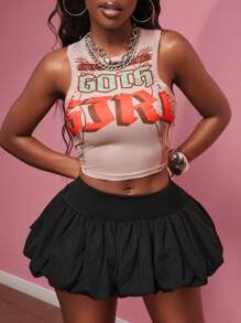 Slaydiva 2025 Summer New Style Birthday Party Graduation Season Student Wear Daily Street Basic Versatile Leisure Vacation Cruise Travel Beach Seaside Sunbathing Popular Online Round Neck Sleeveless Letter Print Racer Back Tight Short Apricot Top And Black Flower Bud Mini Skirt Summer Suit Women's Two-Piece Suit