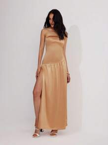 Roylia Women's Vintage Ballroom Taffeta Strapless Fitted Slit Ruched Hem Maxi Dress - Gold - View 5
