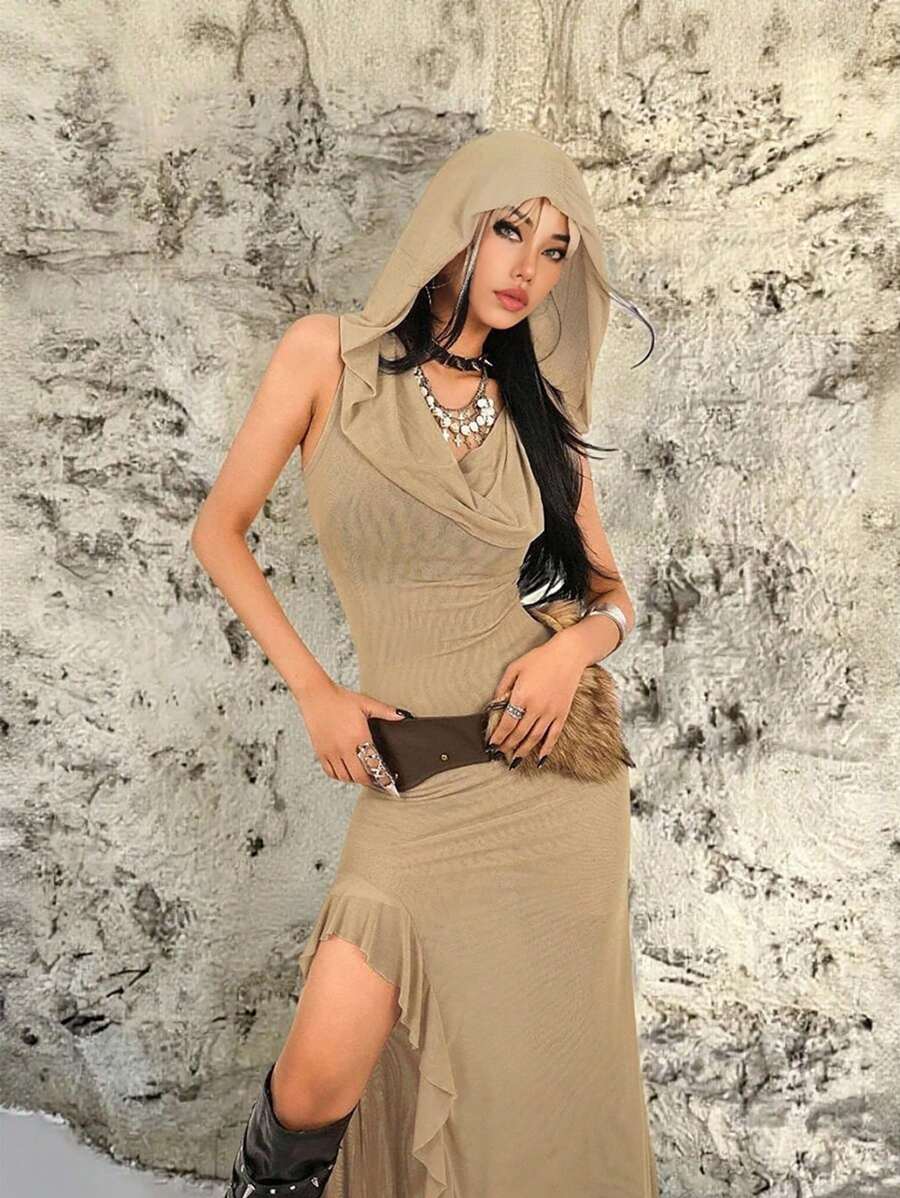 INAWLY Đầm dài trùm đầu xẻ cao xếp nếp thời trang nữ - Màu Khaki - Xem 1