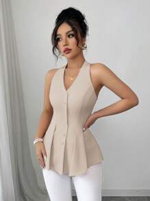 Elenzga Áo sơ mi nữ cổ chữ V không tay màu trơn thanh lịch, giản dị, công sở & nghỉ dưỡng, thiết kế chữ A, eo gập - Màu be - Xem 3